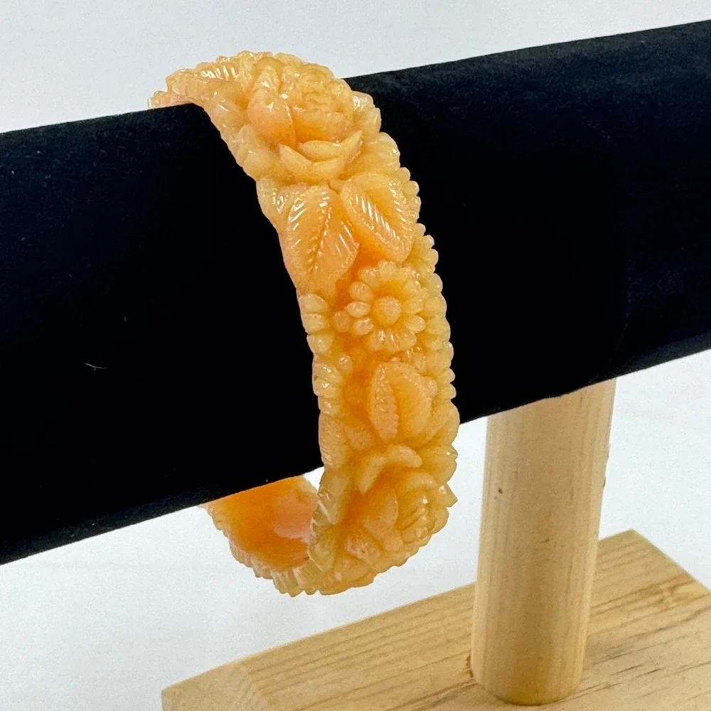 Vintage Celluloid Carved Floral Rose Bangle Bracelet Pastel Peach '20s-40s 7.75